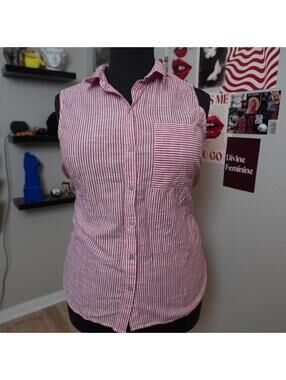 Red Stripe Sleeveless Button Shirt XL